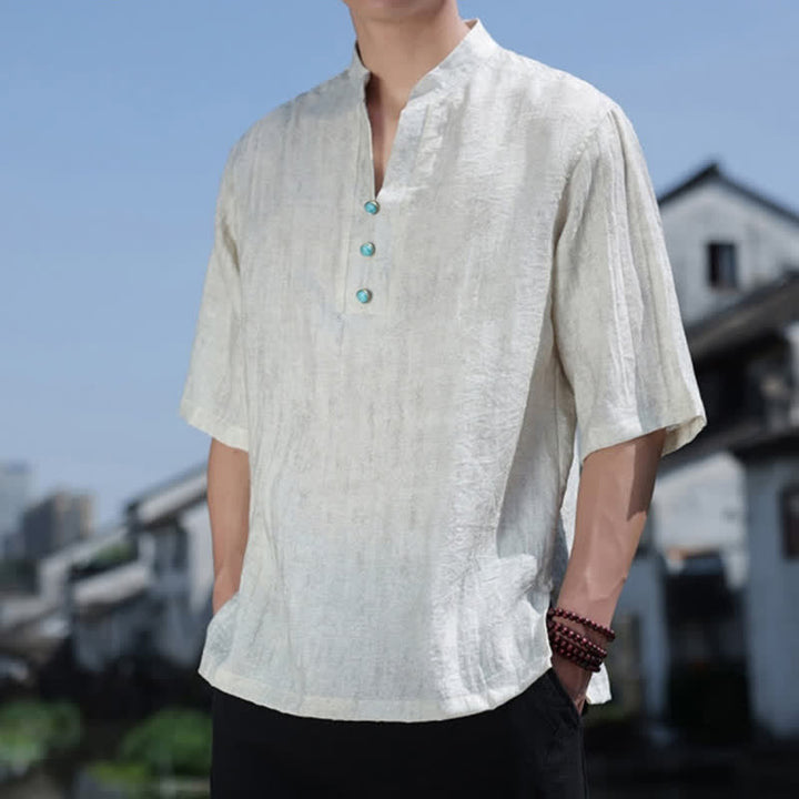 Buddha Stones Camiseta de manga corta con cuello con muescas y botones para hombre, estilo étnico de verano Dai. - image 5