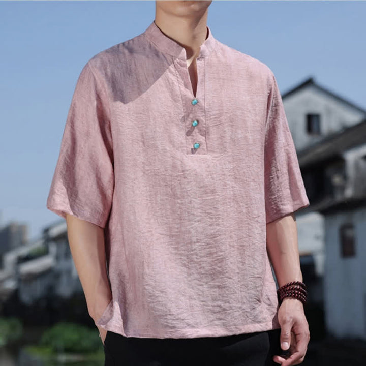 Buddha Stones Camiseta de manga corta con cuello con muescas y botones para hombre, estilo étnico de verano Dai. - image 12