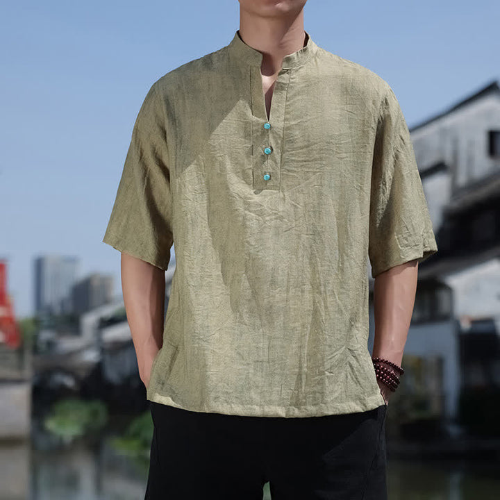 Buddha Stones Camiseta de manga corta con cuello con muescas y botones para hombre, estilo étnico de verano Dai. - Verde oliva - US/UK/AU46, EU56 (5XL) - image 0