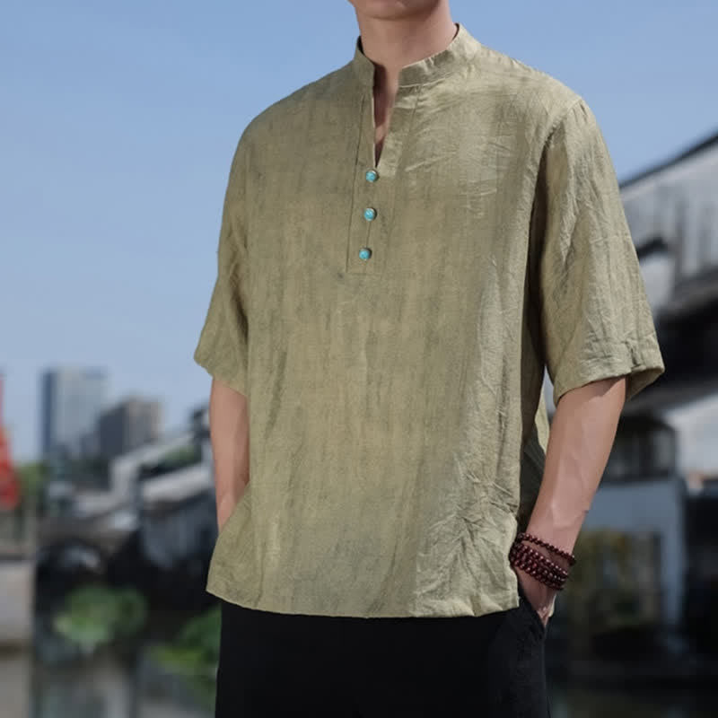 Buddha Stones Camiseta de manga corta con cuello con muescas y botones para hombre, estilo étnico de verano Dai. - image 1