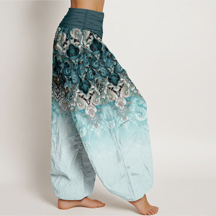 Buddha Stones Pantalones harem de mujer de algodón puro con cintura elástica y diseño floral degradado de cachemir. - image 2
