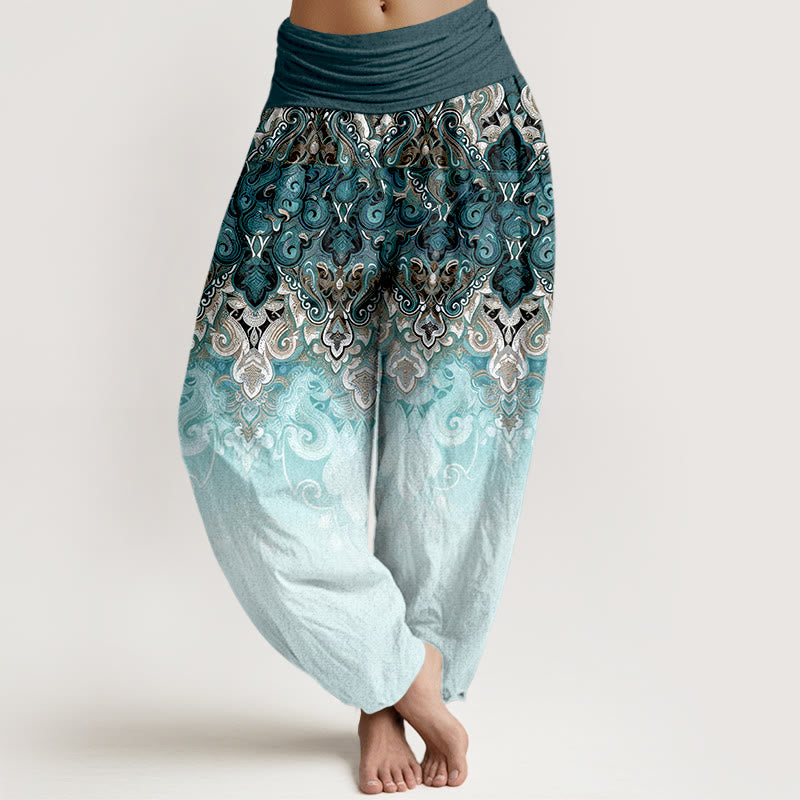 Buddha Stones Pantalones harem de mujer de algodón puro con cintura elástica y diseño floral degradado de cachemir. - Verde azulado - US16，UK/AU20，EU48 (3XL) - image 0