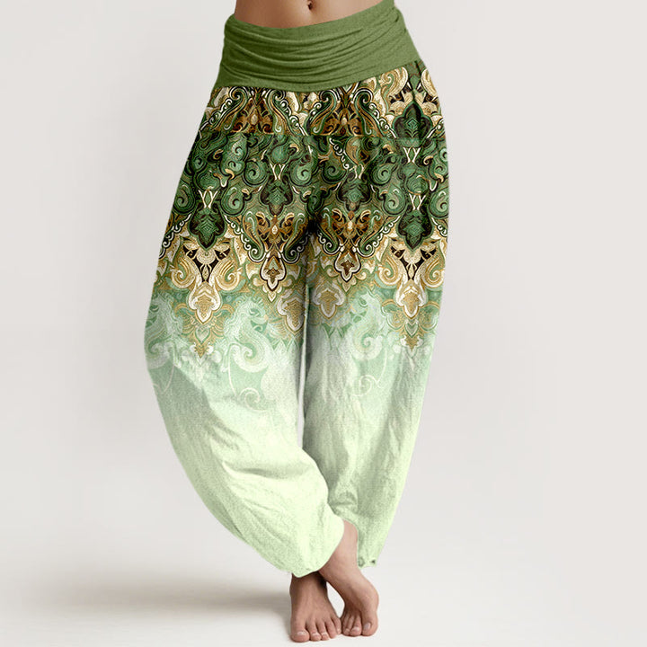 Buddha Stones Pantalones harem de mujer de algodón puro con cintura elástica y diseño floral degradado de cachemir. - Verde oliva - US16，UK/AU20，EU48 (3XL) - image 8