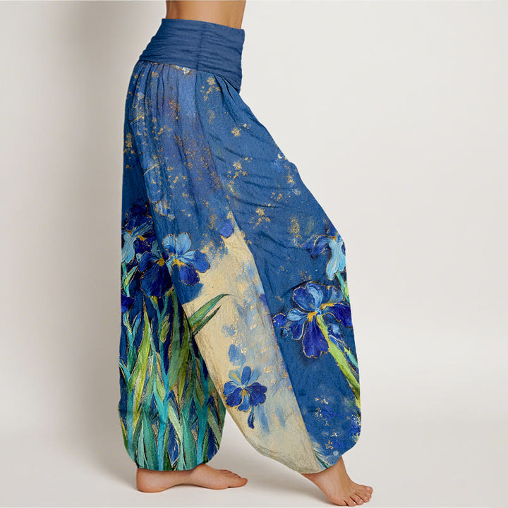 Buddha Stones Pantalones harem de mujer de algodón puro con cintura elástica y estampado de lirios - image 2