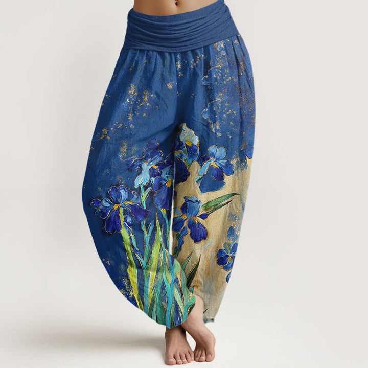 Buddha Stones Pantalones harem de mujer de algodón puro con cintura elástica y estampado de lirios - Azul real - US16，UK/AU20，EU48 (3XL) - image 0