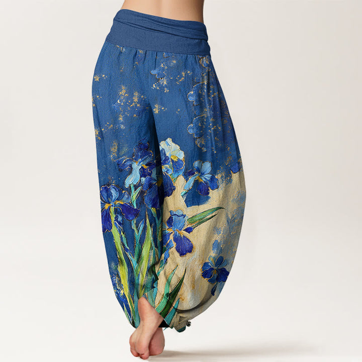 Buddha Stones Pantalones harem de mujer de algodón puro con cintura elástica y estampado de lirios - image 1
