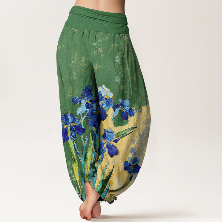 Buddha Stones Pantalones harem de mujer de algodón puro con cintura elástica y estampado de lirios - image 9