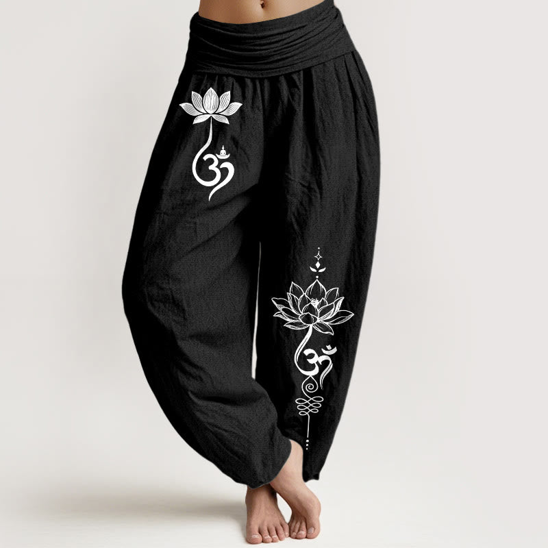 Buddha Stones Pantalones harem de mujer con cintura elástica y estampado de flor de loto de algodón Om - Negro - US16，UK/AU20，EU48 (3XL) - image 5
