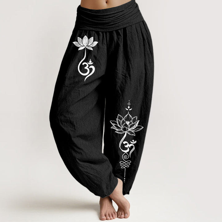 Buddha Stones Pantalones harem de mujer con cintura elástica y estampado de flor de loto de algodón Om - Negro - US16，UK/AU20，EU48 (3XL) - image 5