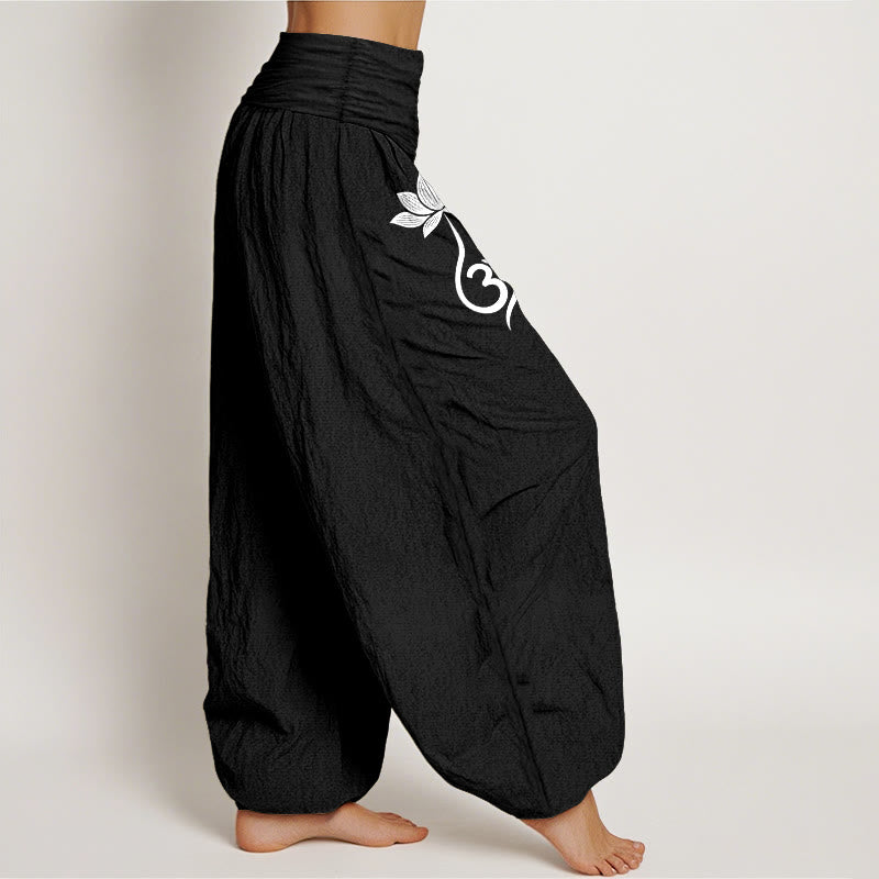 Buddha Stones Pantalones harem de mujer con cintura elástica y estampado de flor de loto de algodón Om - image 6