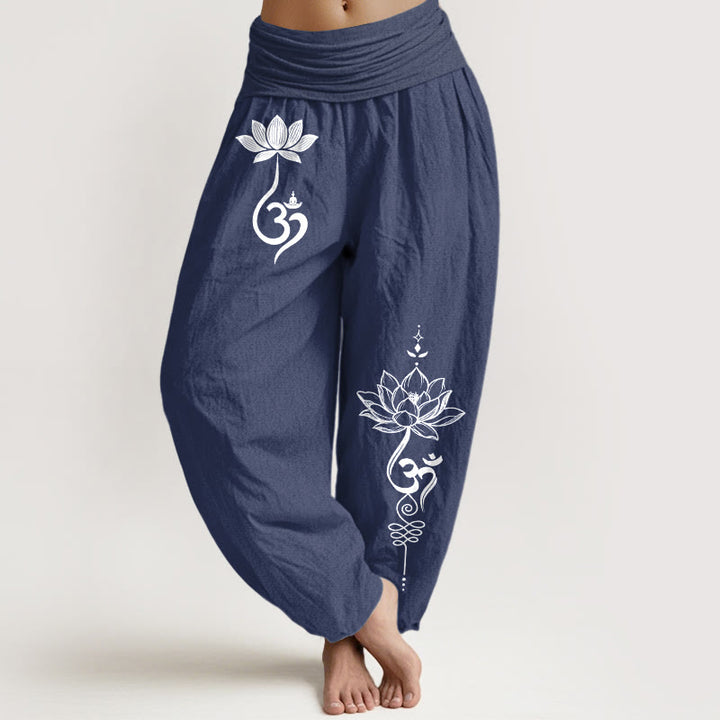 Buddha Stones Pantalones harem de mujer con cintura elástica y estampado de flor de loto de algodón Om - Azul pizarra oscuro - US16，UK/AU20，EU48 (3XL) - image 8