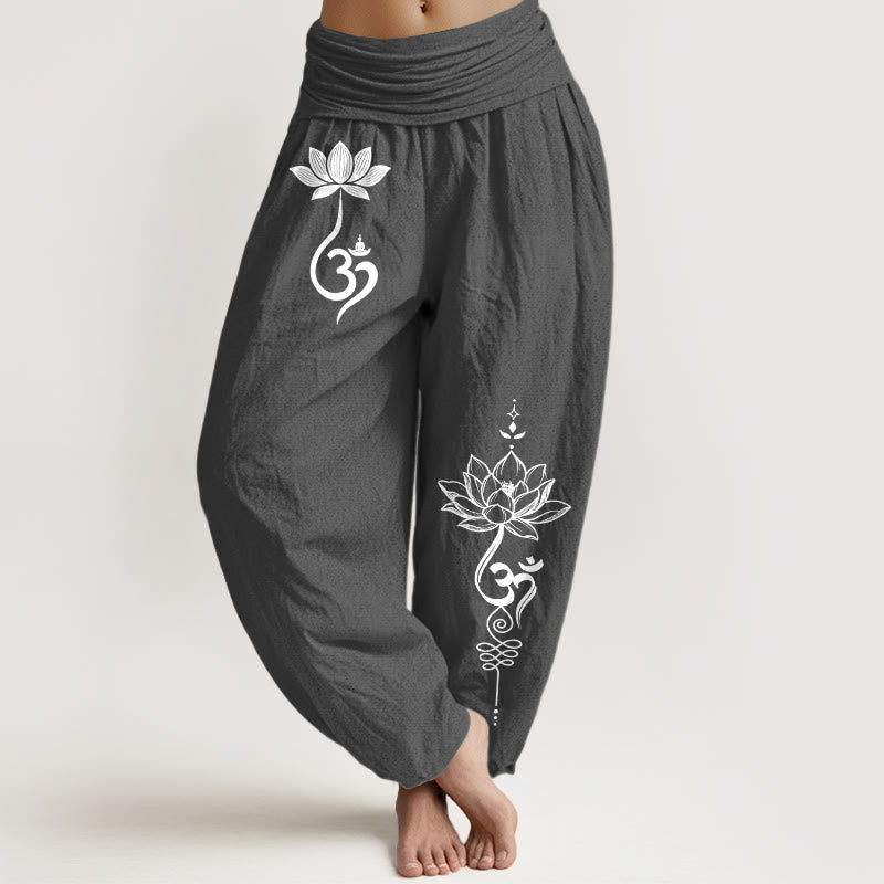 Buddha Stones Pantalones harem de mujer con cintura elástica y estampado de flor de loto de algodón Om - Gris oscuro - US16，UK/AU20，EU48 (3XL) - image 0