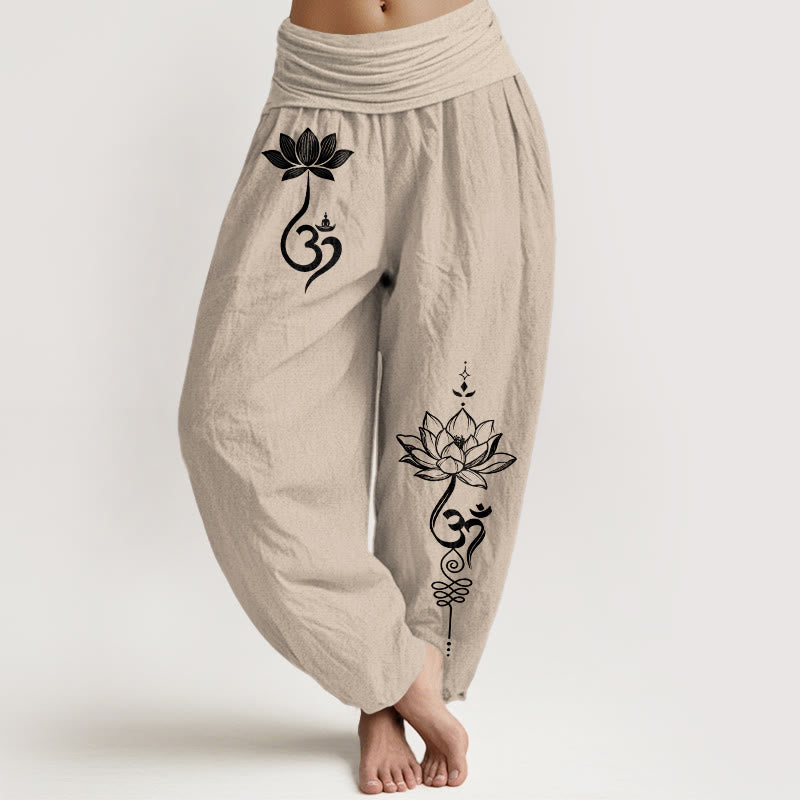 Buddha Stones Pantalones harem de mujer con cintura elástica y estampado de flor de loto de algodón Om - Broncearse - US16，UK/AU20，EU48 (3XL) - image 11