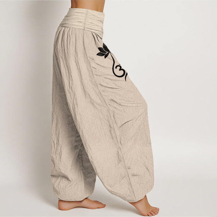 Buddha Stones Pantalones harem de mujer con cintura elástica y estampado de flor de loto de algodón Om - image 12