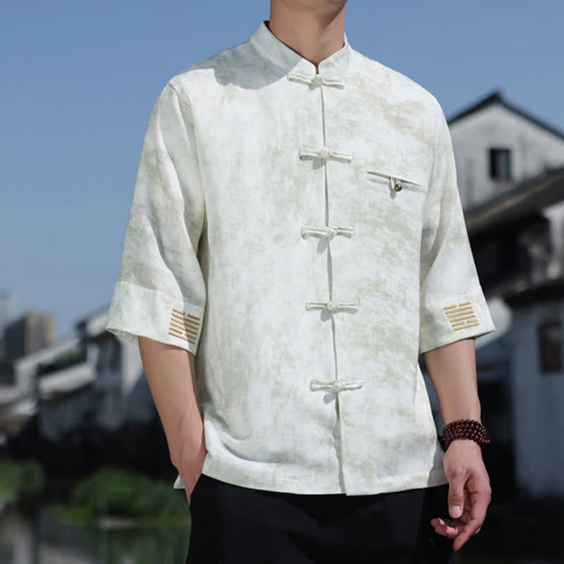 Buddha Stones Camisa de lino de manga corta para hombre con bordado jaspeado y botones de rana. - image 3