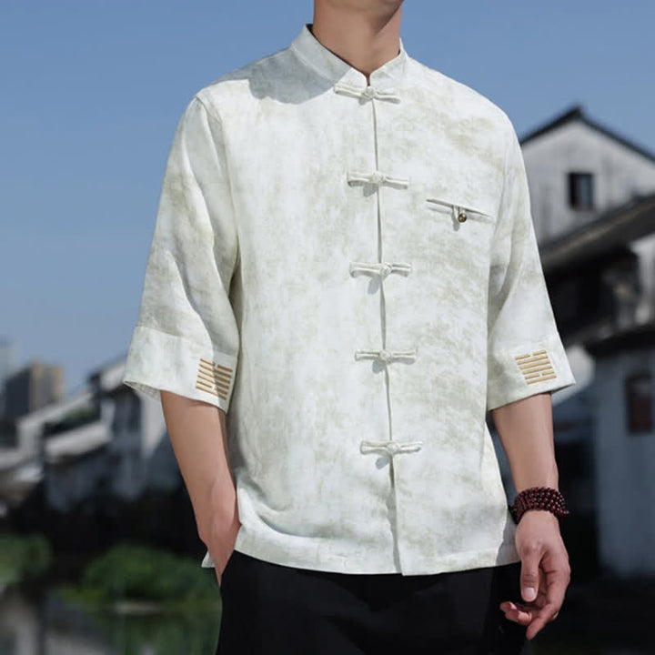 Buddha Stones Camisa de lino de manga corta para hombre con bordado jaspeado y botones de rana. - image 3