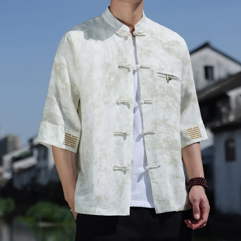 Buddha Stones Camisa de lino de manga corta para hombre con bordado jaspeado y botones de rana. - image 4