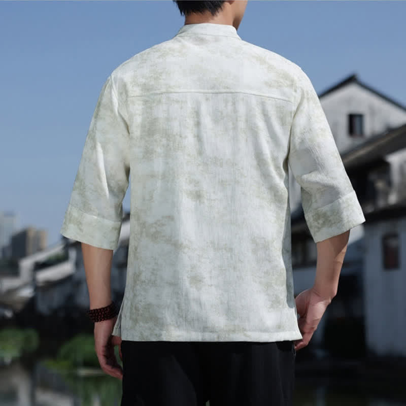 Buddha Stones Camisa de lino de manga corta para hombre con bordado jaspeado y botones de rana. - image 1
