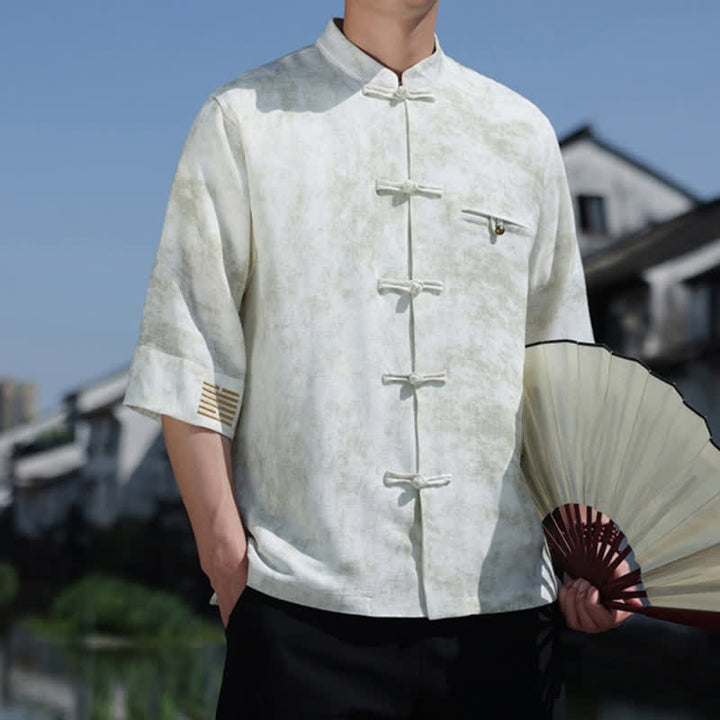 Buddha Stones Camisa de lino de manga corta para hombre con bordado jaspeado y botones de rana. - image 2