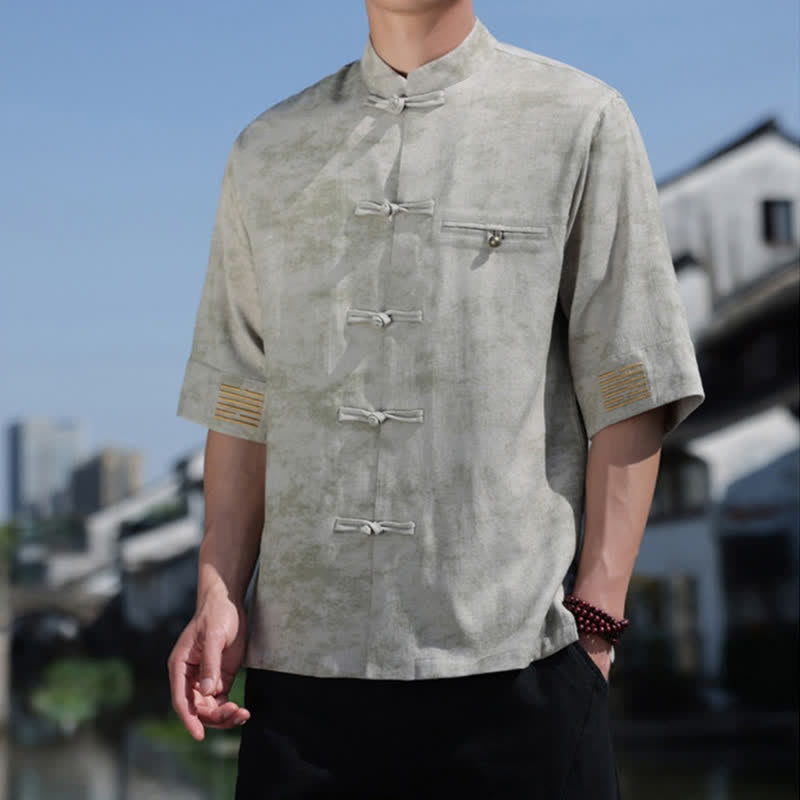 Buddha Stones Camisa de lino de manga corta para hombre con bordado jaspeado y botones de rana. - image 10