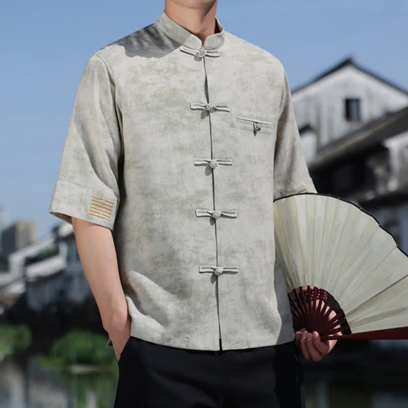 Buddha Stones Camisa de lino de manga corta para hombre con bordado jaspeado y botones de rana. - image 11
