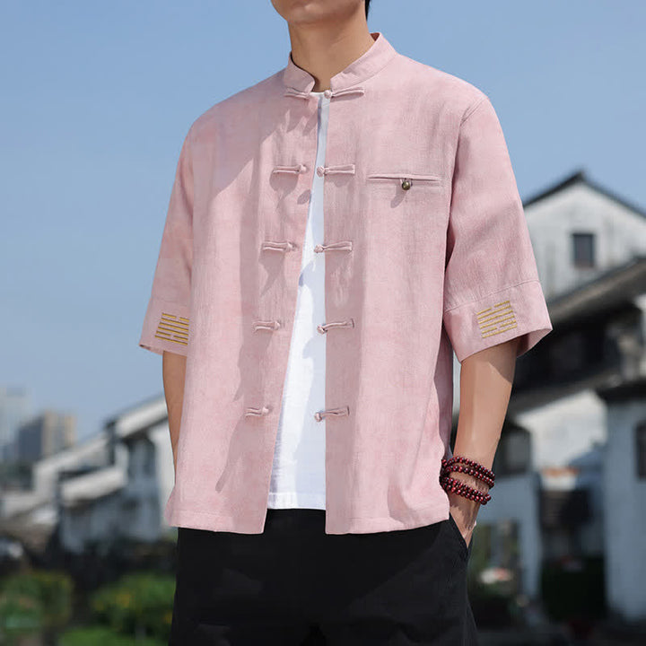 Buddha Stones Camisa de lino de manga corta para hombre con bordado jaspeado y botones de rana. - rosa claro - US/UK/AU46, EU56 (5XL) - image 12