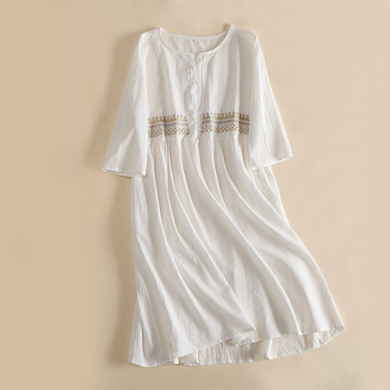 Vestido midi de mujer con media manga y bolsillos, bordado geométrico de Buddha Stones - Blanco - US14, UK/AU18, EU46 (4XL) - image 1