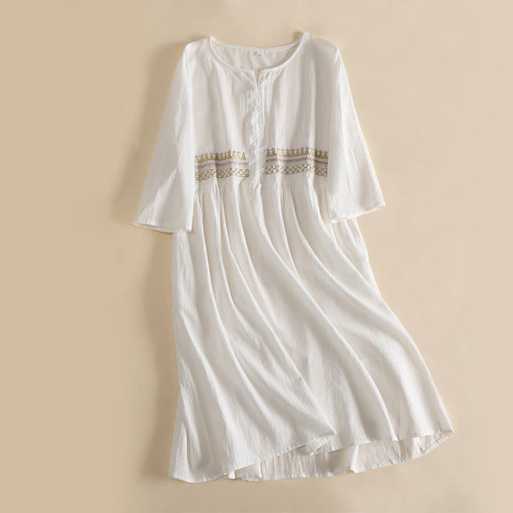 Vestido midi de mujer con media manga y bolsillos, bordado geométrico de Buddha Stones - Blanco - US14, UK/AU18, EU46 (4XL) - image 1