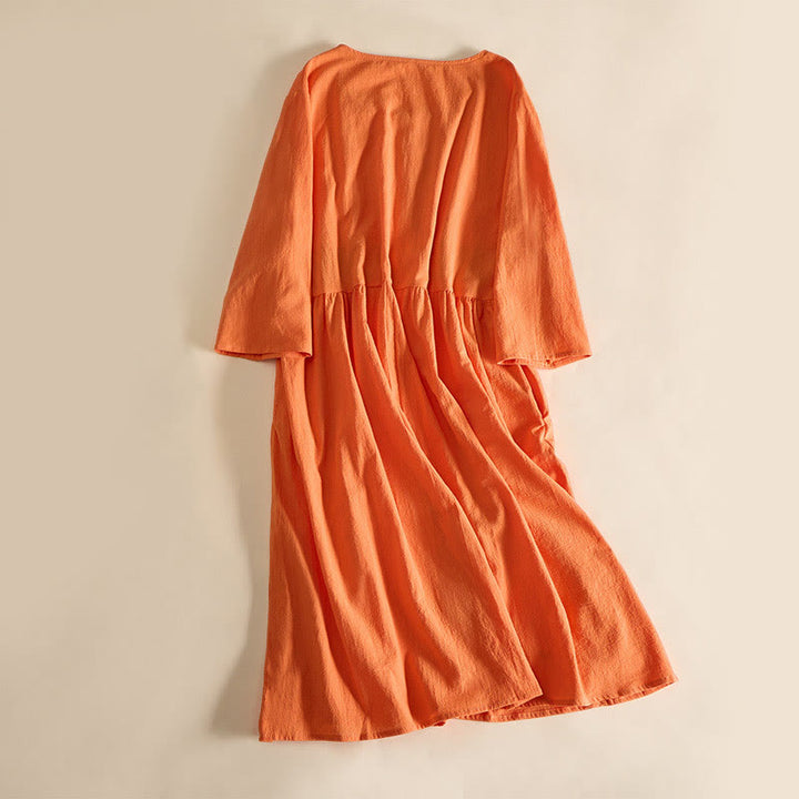 Vestido midi de mujer con media manga y bolsillos, bordado geométrico de Buddha Stones - image 10