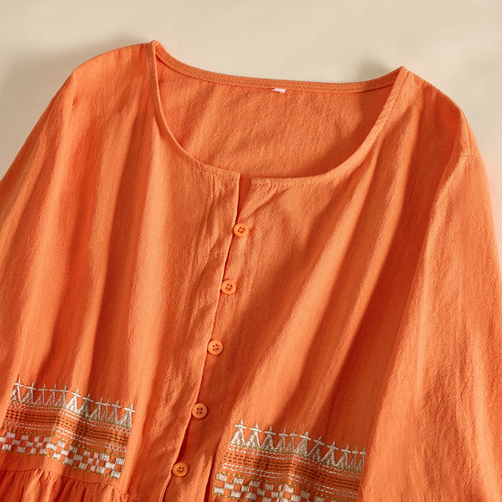 Vestido midi de mujer con media manga y bolsillos, bordado geométrico de Buddha Stones - image 11