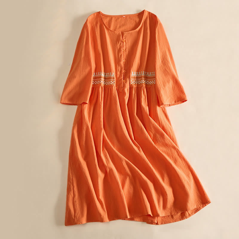 Vestido midi de mujer con media manga y bolsillos, bordado geométrico de Buddha Stones - Naranja - US14, UK/AU18, EU46 (4XL) - image 9