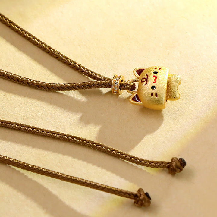 Buddha Stones Colgante de collar con colgante de protección ajustable de cuerda trenzada chapada en oro con diseño de lindo gato en cobre. - image 5