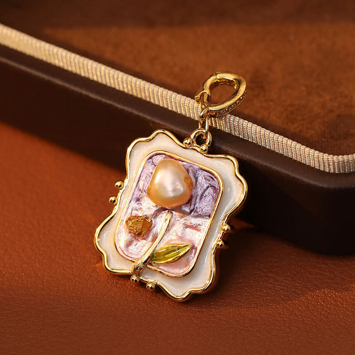 Buddha Stones Collar con colgante de perlas y cobre con pintura al óleo de flores y efecto curativo - image 3