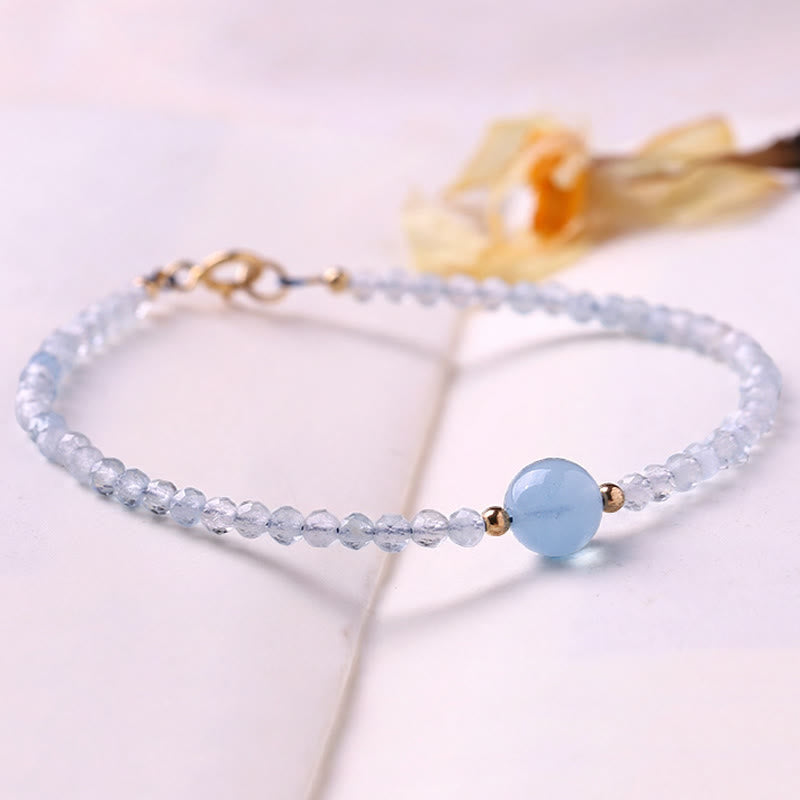 Buddha Stones Pulsera de la paz con cuentas facetadas ultrafinas de aguamarina natural de 2 mm - image 1