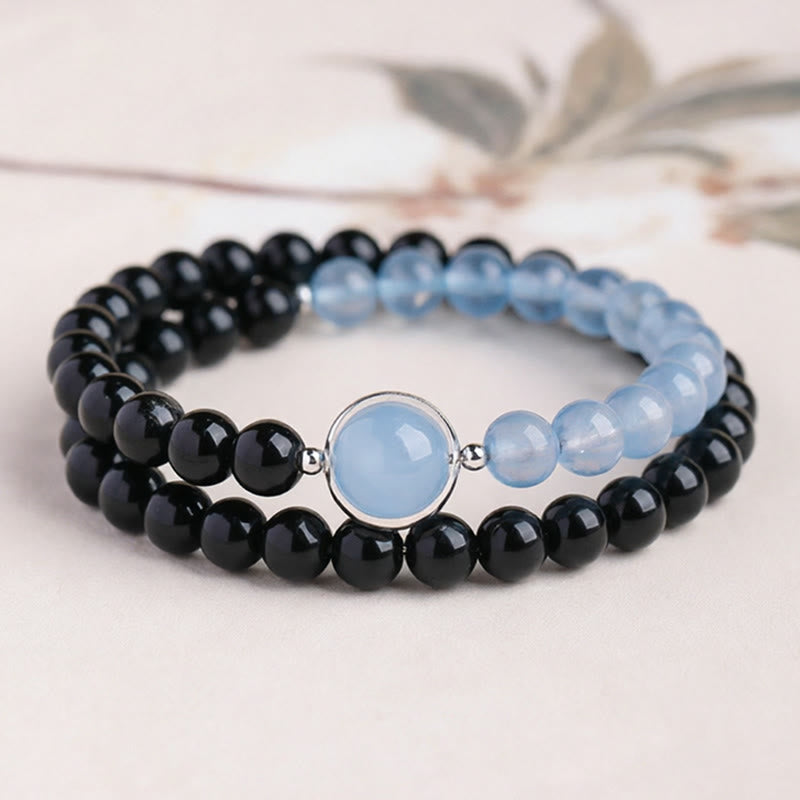 Buddha Stones Pulsera de purificación de paz de obsidiana negra y aguamarina - Pulsera de doble vuelta (circunferencia de la muñeca: 14-15 cm) - image 1