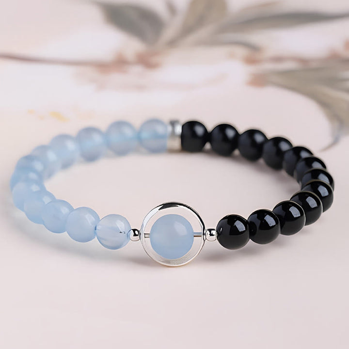 Buddha Stones Pulsera de purificación de paz de obsidiana negra y aguamarina - Pulsera de una sola vuelta (circunferencia de la muñeca: 14-15 cm) - image 0