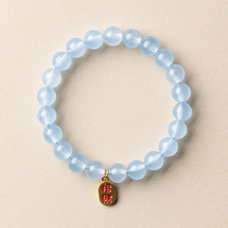 Buddha Stones Pulsera de aguamarina natural con el carácter Fu para la buena fortuna y la sanación - Amuleto de la suerte de aguamarina de 8 mm (circunferencia de la muñeca: 14-15 cm) - image 6