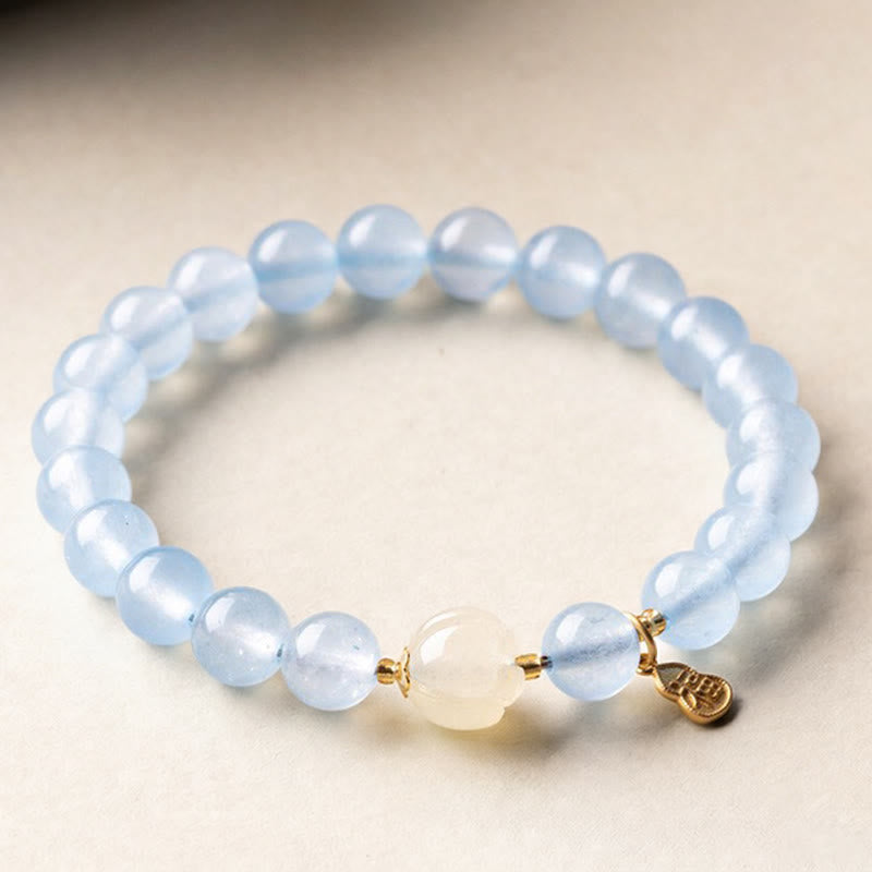 Buddha Stones Pulsera de aguamarina natural con el carácter Fu para la buena fortuna y la sanación - Morganita aguamarina de 8 mm (circunferencia de la muñeca: 14-15 cm) - image 0