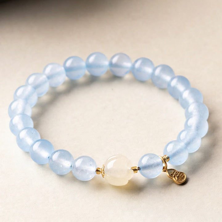 Buddha Stones Pulsera de aguamarina natural con el carácter Fu para la buena fortuna y la sanación - Morganita aguamarina de 8 mm (circunferencia de la muñeca: 14-15 cm) - image 0