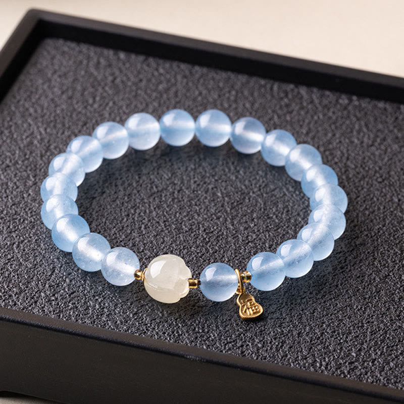 Buddha Stones Pulsera de aguamarina natural con el carácter Fu para la buena fortuna y la sanación - image 4