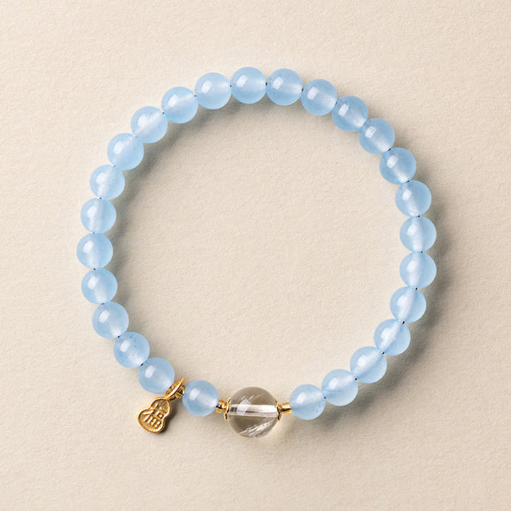 Buddha Stones Pulsera de aguamarina natural con el carácter Fu para la buena fortuna y la sanación - Cristal blanco aguamarina de 6 mm (circunferencia de la muñeca: 14-15 cm) - image 7