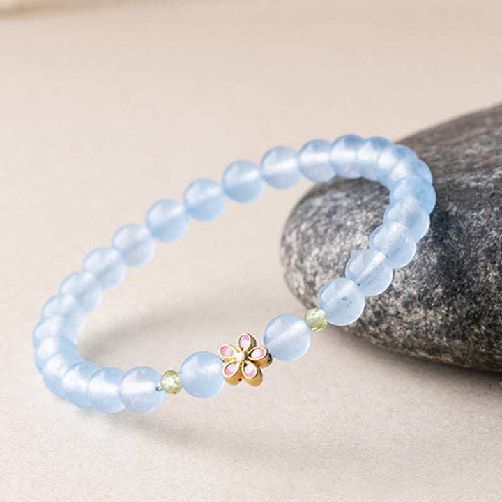 Buddha Stones Pulsera de cobre chapada en oro con aguamarina natural y flores para sanación - image 3