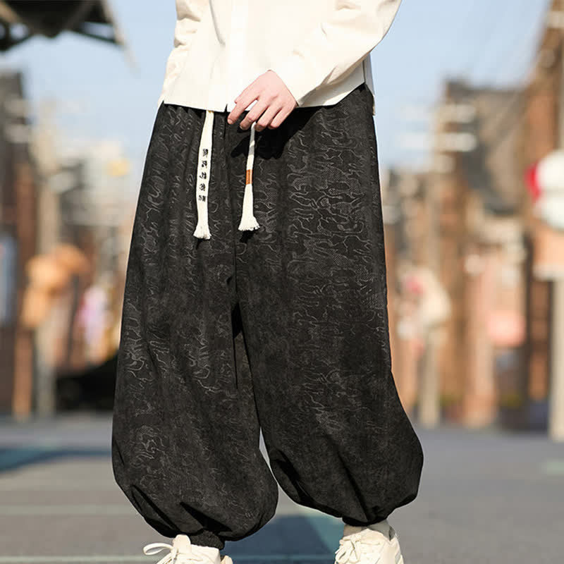 Buddha Stones Pantalones harem para hombre de jacquard negro con cordón ajustable, puños elásticos y bolsillos. - image 1