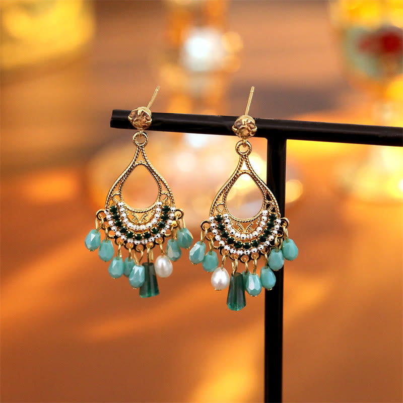 Buddha Stones Pendientes colgantes calados de cobre con borla en forma de lágrima para el autocuidado - Forma de lágrima (postes de plata de ley 925) - image 0