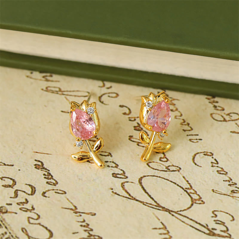 Buddha Stones Pendientes de botón curativos de cobre con circonita en forma de tulipán rosa y morado - Tulipanes rosas (postes de plata de ley 925) - image 1