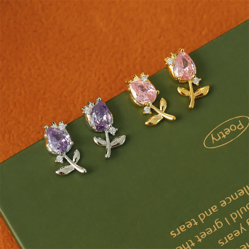 Buddha Stones Pendientes de botón curativos de cobre con circonita en forma de tulipán rosa y morado - image 7