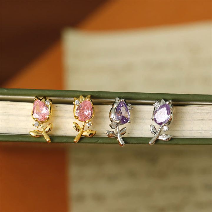 Buddha Stones Pendientes de botón curativos de cobre con circonita en forma de tulipán rosa y morado - image 0