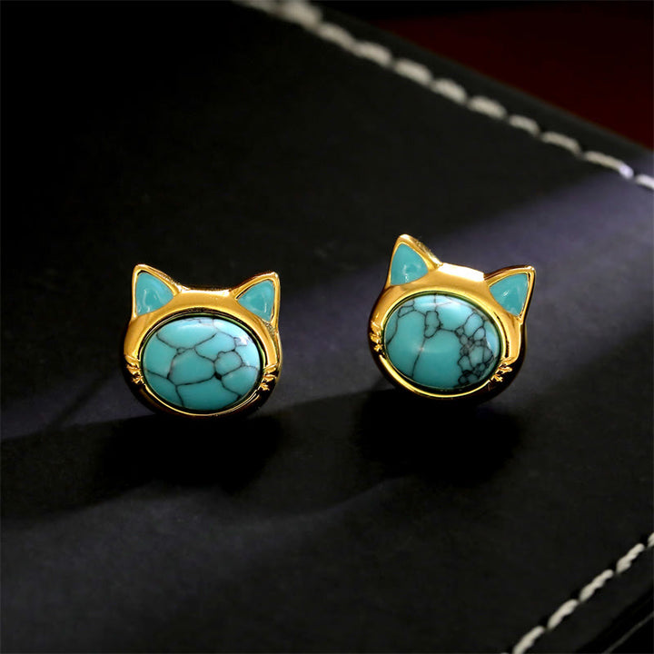 Buddha Stones Pendientes de botón de cobre con diseño de cabeza de gato y ojo de tigre turquesa - Turquesa (sintética) (postes de plata de ley 925) - image 1