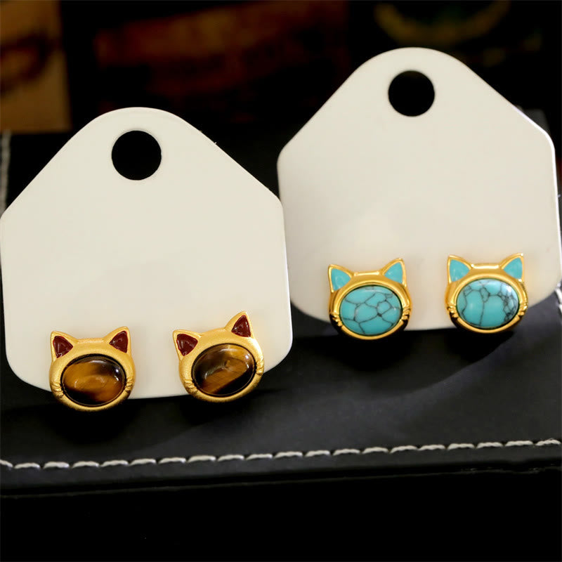 Buddha Stones Pendientes de botón de cobre con diseño de cabeza de gato y ojo de tigre turquesa - image 10