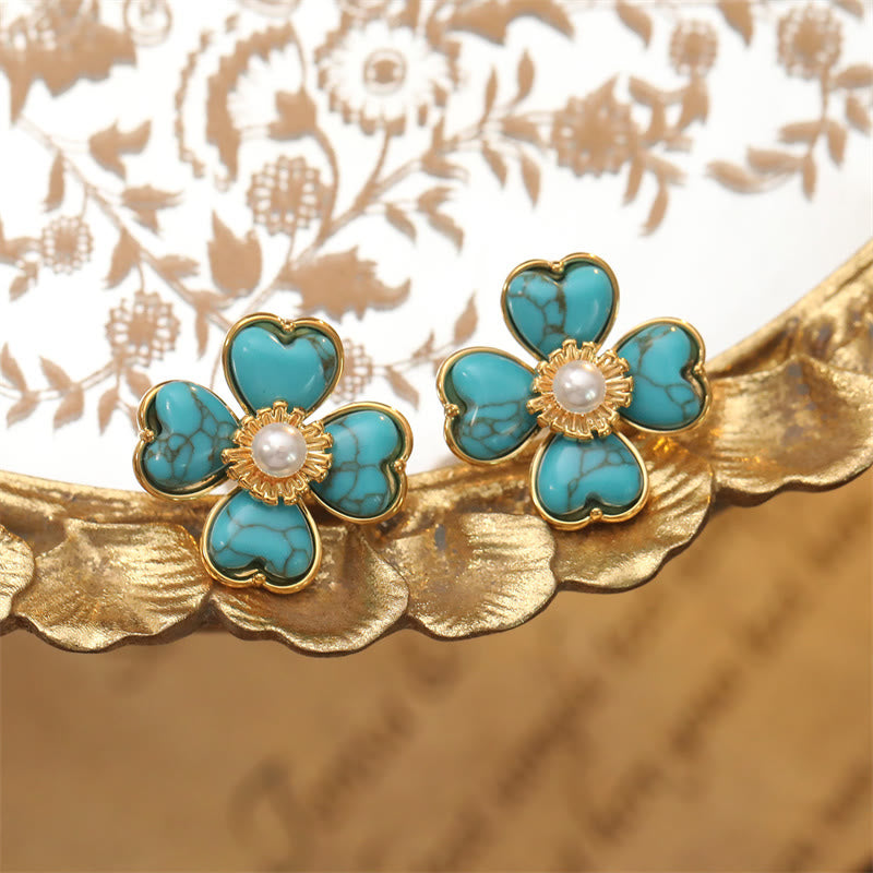 Buddha Stones Pendientes de cobre con forma de corazón y flor turquesa, sanadores. - image 1